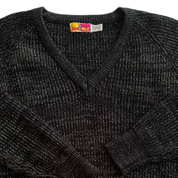 Vintage 80s Sam & Max V-Neck Lurex Tinsel Sparkle Knit Sweater Black - Picture 3 of 5